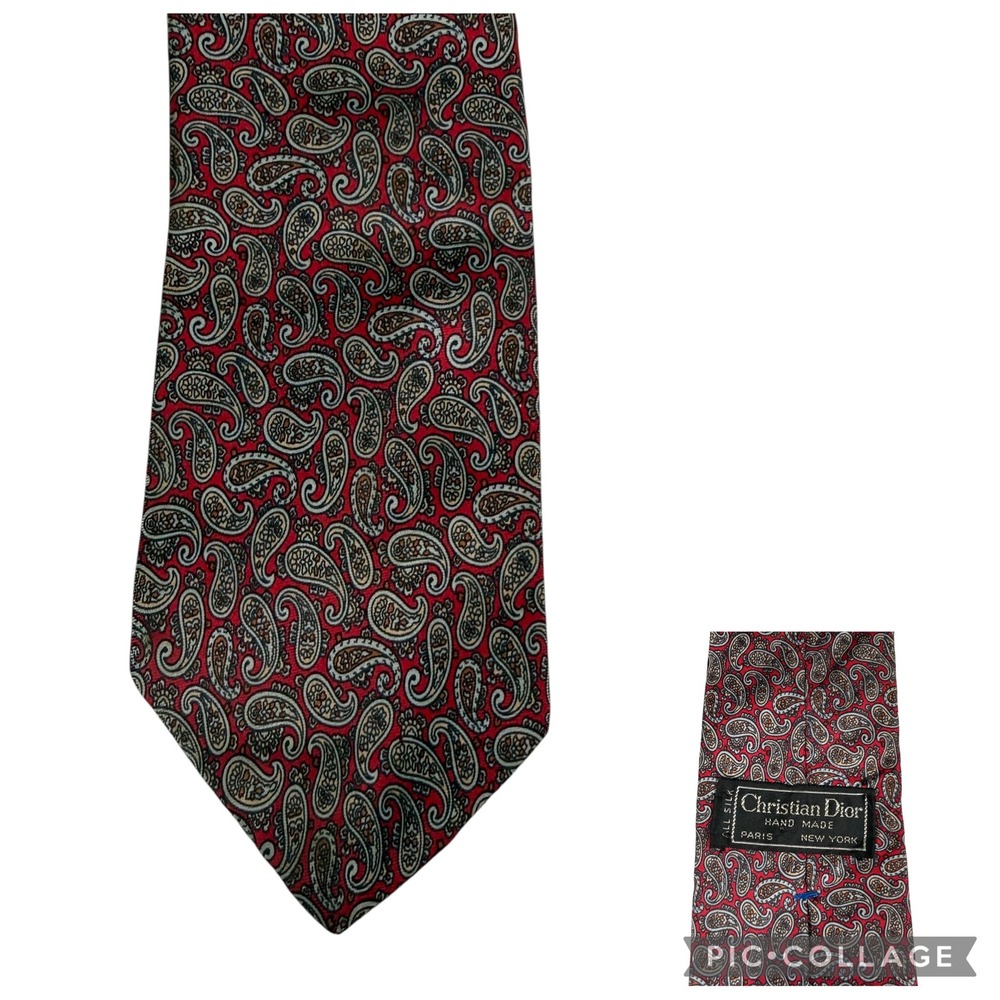 Christian Dior VTG Silk Tie‎ Red Paisley Hand Made Designer Necktie 57in Joske's